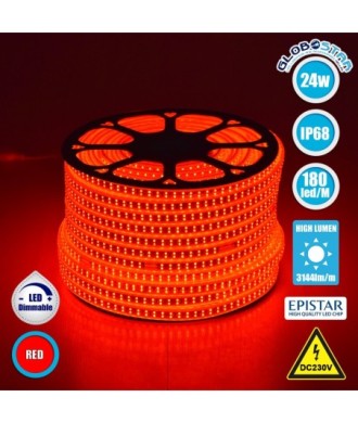 GLOBOSTAR® EPIWIDE 70514 Ταινία LED 24W-m 1560lm-m 120° DC 220-240V Αδιάβροχη IP65 180 x SMD2835 Chip-m Κόκκινο Dimmable - Epistar SMD Chip - M100 x Π1.6 x Υ0.7cm - 3 Χρόνια Εγγύηση